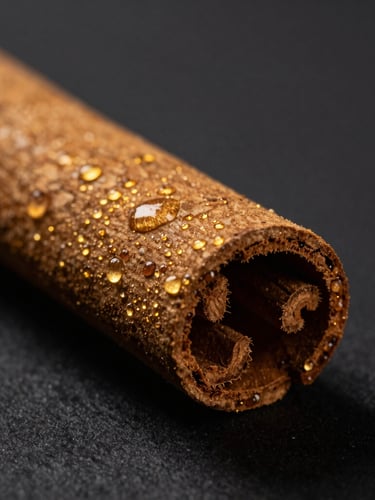 Extreme macro close-up of whole Ceylon cinnamon quills, dramatic low-key side lighting, deep charcoal background, highlighting natural oils and rich textures.