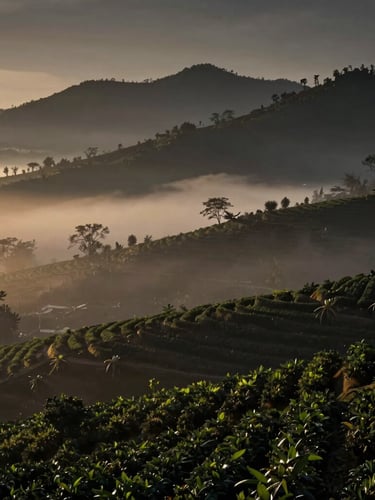 Wide panoramic atmospheric landscape of a Sri Lankan spice estate shrouded in morning mist, dramatic mountain ridges, low-key lighting with deep shadows, cinematic composition