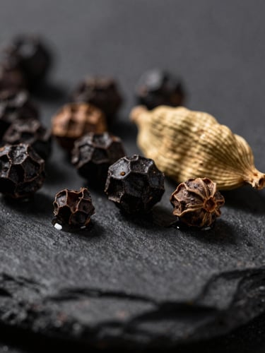 Macro shot of whole black pepper and cardamom pods resting on a dark slate surface, dramatic side-lighting highlighting natural oils and textures, shallow depth of field