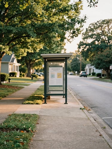 A quiet neighborhood street in Morrow Georgia, warm soft daylight filtering through green trees, a welcoming transit stop visible in the distance