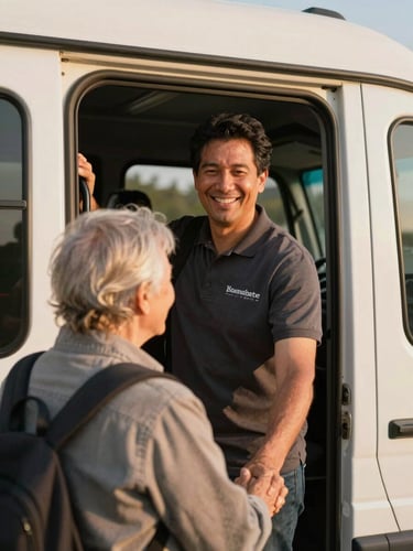 A warm editorial close-up of a friendly volunteer driver smiling as they help an elderly passenger board a clean transit vehicle, soft golden-hour light