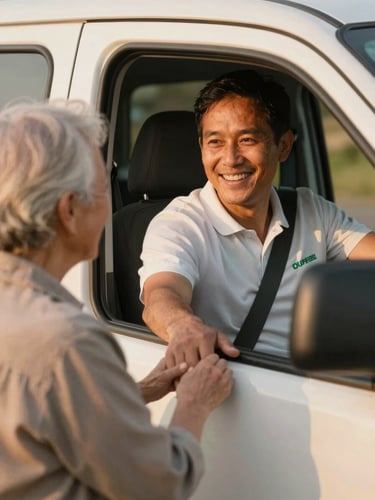 A warm close-up of a volunteer driver smiling and greeting an elderly passenger boarding a clean vehicle, soft natural golden hour light, 35mm