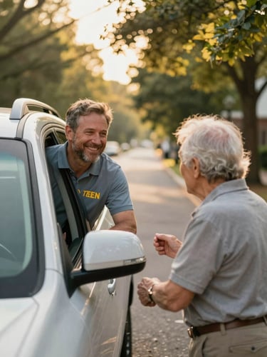 A friendly volunteer driver warmly greeting an elderly passenger near a parked vehicle on a quiet, tree-lined street in Morrow, Georgia. Soft golden hour light filtering through the leaves, medium close-up, shallow depth of field, warm editorial photography style.