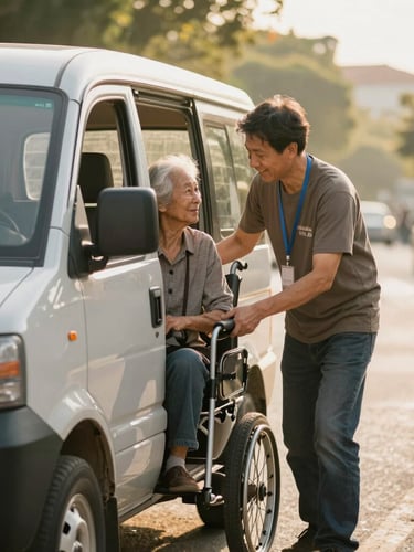 Warm editorial photography of a friendly volunteer driver helping an elderly passenger board an accessible vehicle on a sunny Morrow street, soft natural golden-hour light, shallow depth of field, 35mm