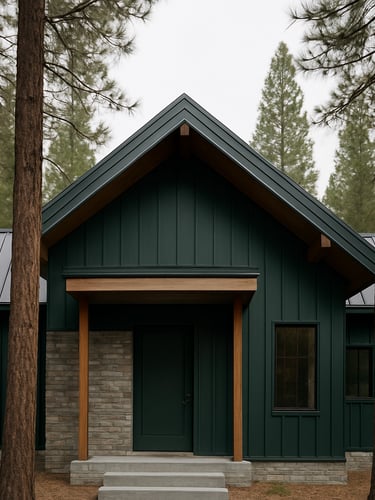 Crisp portrait architectural photograph of a modern mountain-modern home exterior, tall pine trees framing the structure, soft overcast daylight, deep forest green accents, 35mm