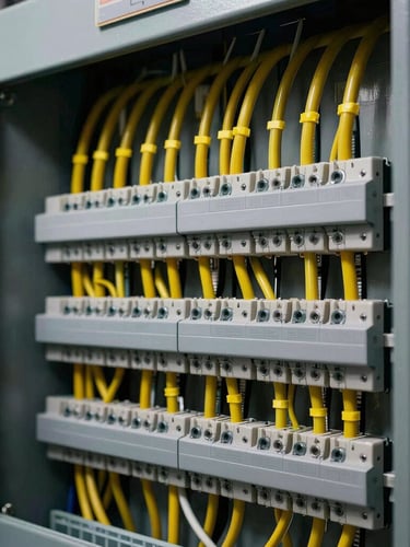 Immaculate, highly organized electrical panel with perfect cable management, yellow zip ties, industrial technical look, architectural lighting, sharp focus, 35mm