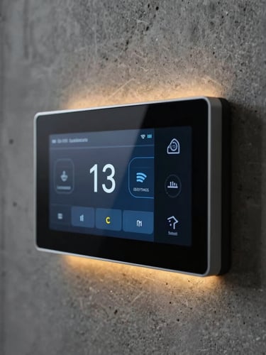 Close-up of a sleek smart home touch interface mounted on a raw concrete wall, soft ambient architectural lighting, sharp focus, 35mm