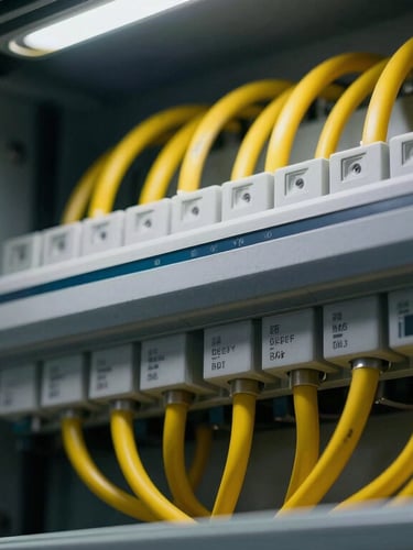 Macro detail shot of an immaculate, perfectly organized electrical panel with clean yellow cable management, dramatic architectural lighting, 35mm