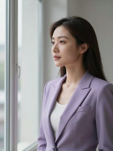 A thoughtful environmental portrait of a professional woman looking out a window, soft natural light, muted lilac and plum tones, shallow depth of field