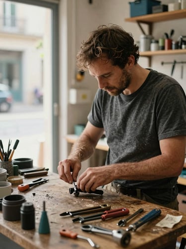 Straightforward eye-level shot of a local bicycle mechanic working in a sunlit neighborhood workshop in France, natural ambient daylight, focus on hands and tools, unpolished authentic setting.
