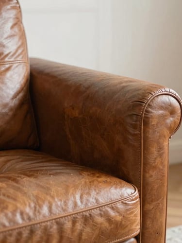 Close-up of a pre-loved leather armchair in a cozy apartment corner, natural warm light, clean composition