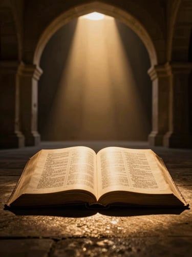Dramatic chiaroscuro photography of an open ancient Bible under a single warm golden spotlight, faint light rays cutting through a dark majestic stone archway, cinematic, 50mm lens