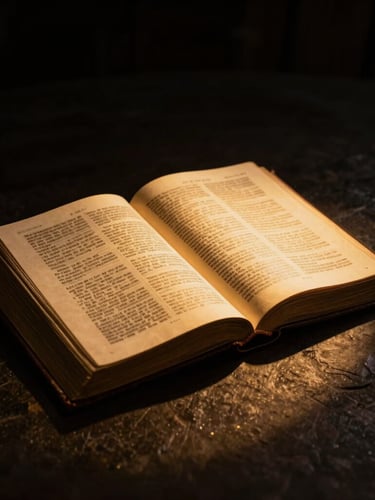 Dramatic chiaroscuro photography of an open ancient leather-bound Bible illuminated by a single warm golden spotlight, dark shadows, cinematic, 50mm lens