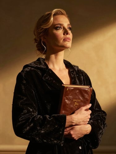 Low-angle dramatic portrait of Ingrid Phlegm in a dark velvet robe, holding a leather-bound book, warm golden spotlight, cinematic chiaroscuro.