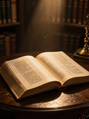 Dramatic chiaroscuro photography of an open leather-bound scripture under a single warm golden spotlight, dust motes in the dark air, royal library background