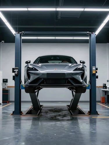 Symmetrical shot of a spotless, clinical automotive workshop bay with bright cool LED overhead lighting, glossy dark floors, and a modern European sports car on a hydraulic lift, crisp commercial photography, 50mm