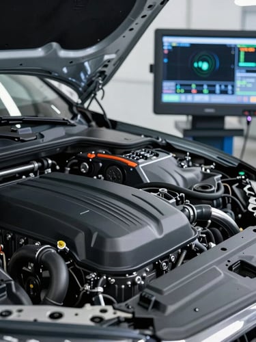 Crisp commercial photography of a pristine modern European engine bay, bright cool LED workshop lighting, high-resolution diagnostic telemetry screen in background, metallic and deep charcoal tones, 50mm