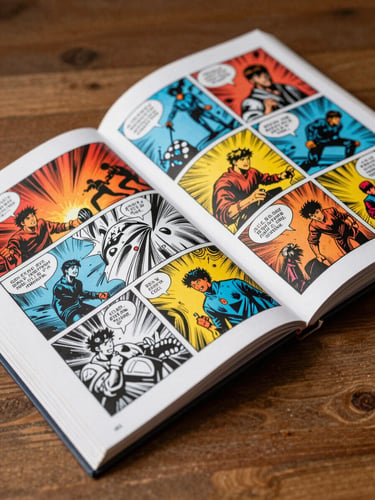 Vibrant studio photography of a hand-inked comic book open on a wooden table, dynamic diagonal angle, high-contrast shadows showing paper texture.