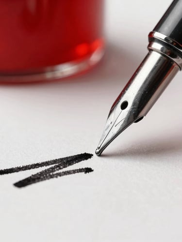 Macro shot of a metal dip pen drawing a bold black ink line on thick textured paper, high contrast, vibrant red ink bottle in soft focus background.