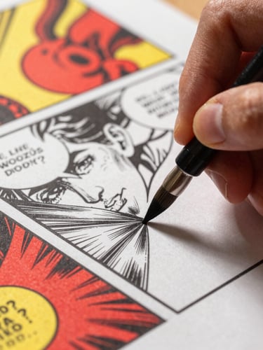 Macro shot of hands inking a detailed comic book panel with a fine brush, heavy-weight paper texture, high-contrast studio lighting casting sharp ink-black shadows, vibrant red and yellow accents on the workspace.