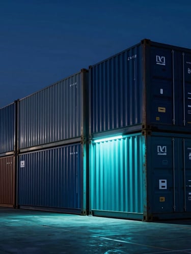 Sleek high-contrast shot of a modern logistics terminal and shipping dock, cool ambient light with glowing cyan highlights, sharp focus.