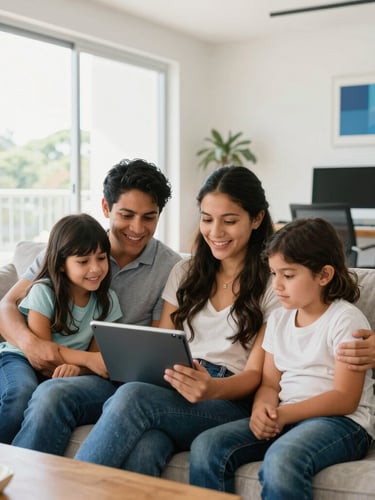 Bright modern photography, natural daylight, a Mexican family in a sunlit living room streaming movies on a tablet together, smiling, 35mm