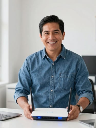 Friendly Mexican local advisor in a clean office setting holding a modern router, bright natural daylight with subtle blue ambient accents, 35mm portrait.
