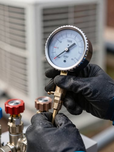 Close-up of a technician's gloved hand holding a digital pressure gauge connected to outdoor AC valves, crisp daylight, high contrast.