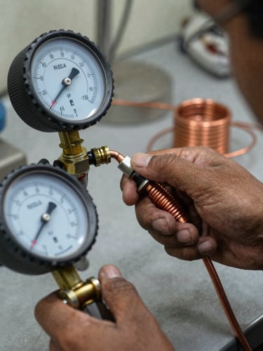 Tight macro shot of a technician pressure-testing copper coils with a digital manifold gauge, high-contrast Mumbai daylight.