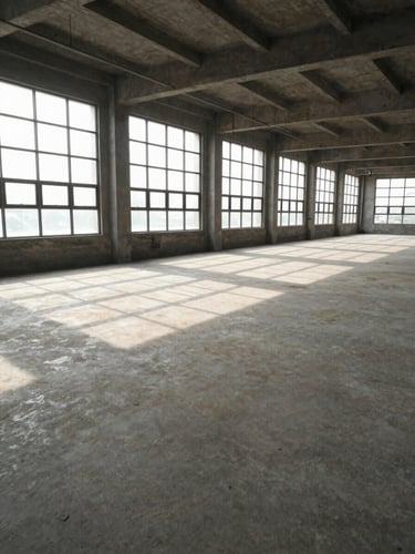 Interior of a large vacant commercial floor in India, natural daylight streaming through tall industrial windows onto bare concrete, structural columns visible, overhead view angle showing empty floor plan, site-visit framing with no people or furnishings, overcast light quality