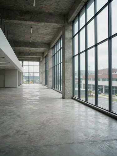 Wide interior corridor of a vacant commercial office building, overcast daylight filtering through floor-to-ceiling windows on the right, concrete columns receding into depth, empty floor space suggesting structural potential, photographed as a site visit — no people, no signage
