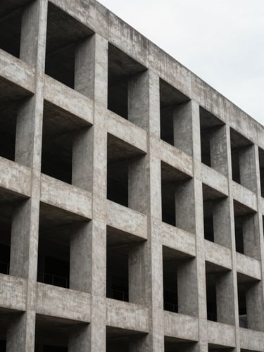 Close-up architectural detail of a commercial building facade in India — exposed concrete columns and deep window reveals, overcast flat light, no signage, wide-angle framing that emphasizes structural mass and vacancy, site-visit character