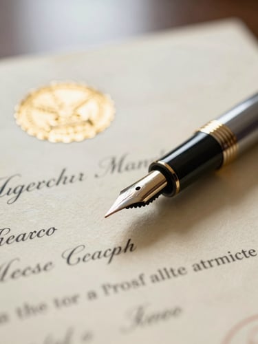 Macro close-up of a premium fountain pen resting on a crisp, official marriage certificate, soft window light highlighting the gold foil seal, warm cream paper texture.