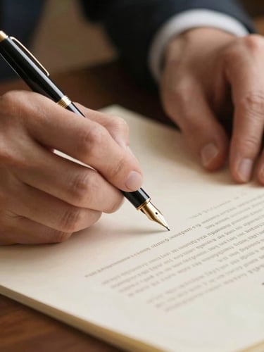 Close-up of elegant hands signing a legal document with a classic fountain pen, focusing on the gold nib and cream-colored paper. Soft, warm indoor lighting.