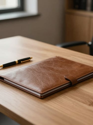 A modern, minimalist legal consultation room with soft warm lighting, a clean wooden table with a leather folder, and a gold-accented pen. No faces visible.
