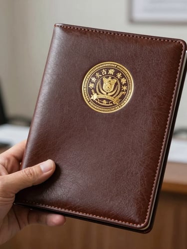 A close-up of a hand holding a beautifully embossed leather legal folder containing official certificates, showing a subtle gold foil seal. Clean, professional office background.