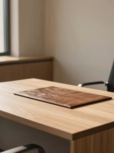 A clean, modern legal office interior in Karachi, warm champagne sunlight casting soft shadows on a minimalist wood desk with a leather blotter, quiet and professional atmosphere.