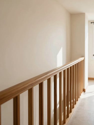 Close-up of a beautifully integrated wooden handrail along a wide hallway, soft natural light reflecting on smooth plaster walls, warm architectural photography