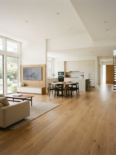 Bright modern open-plan living room with wide corridors, seamless wooden floor transitions, abundant natural daylight, warm minimalist architectural photography, 35mm lens