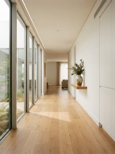 Bright modern residential interior showing a wide corridor with natural daylight, seamless wooden flooring, elegant minimalist design, 35mm lens