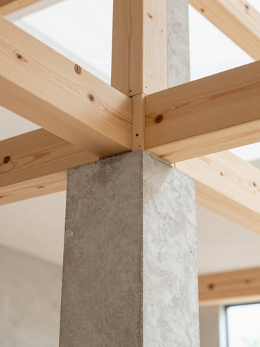 Architectural closeup of concrete and warm wood joints, clean lines, bright natural light, professional construction detail