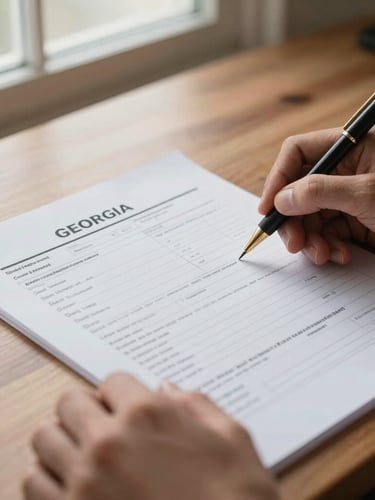 Close-up of hands reviewing a Georgia accident report on a wooden desk, soft window light illuminating the paperwork, calm and organized setting.