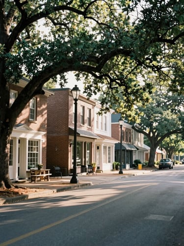 A quiet historic street in Athens, Georgia, soft morning sunlight filtering through oak trees, brick storefronts in the background, calm and peaceful atmosphere.
