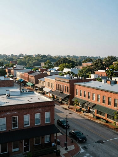 Wide panoramic view of downtown Watkinsville on a clear morning, soft natural daylight, historic brick buildings and quiet streets.