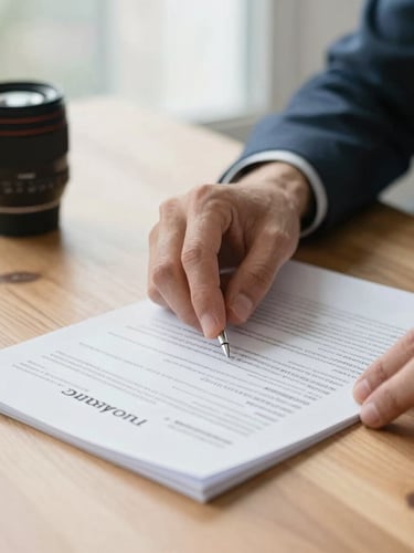 Close-up of hands reviewing Georgia insurance paperwork on a clean wooden table, natural morning light, soft focus background