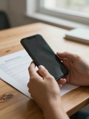 Close-up of hands holding a smartphone and reviewing medical paperwork on a wooden table, soft natural daylight filtering through a window, shallow depth of field.