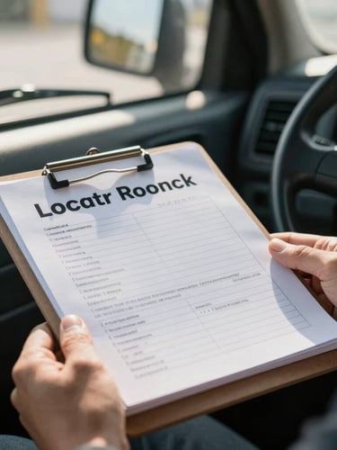 A close-up of a commercial truck driver logbook on a clipboard, soft morning light filtering through a windshield, professional and calm.
