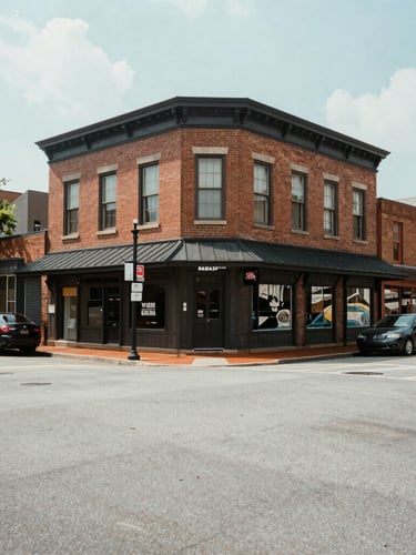 Soft daylight environmental shot of historic downtown Athens, Georgia street corner, looking toward Broad Street, clean composition with generous negative space.