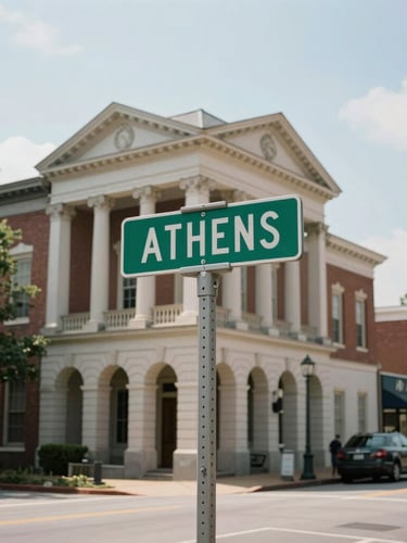 Medium-wide daylight shot of historic Athens Georgia street, soft natural lighting, focus on a local road sign with clean background