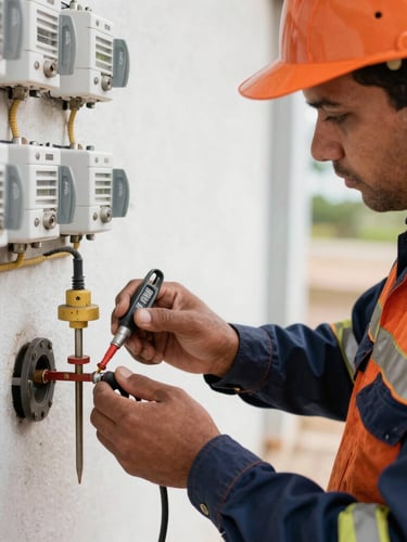 Close-up of an electrician in professional uniform and safety gear measuring grounding resistance on a technical site in Aracaju, bright daylight, technical details